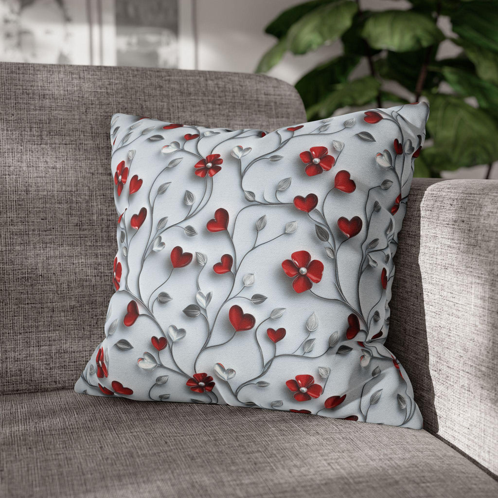 Red Floral Heart Pillow Cover: Romantic Silver Vine Design