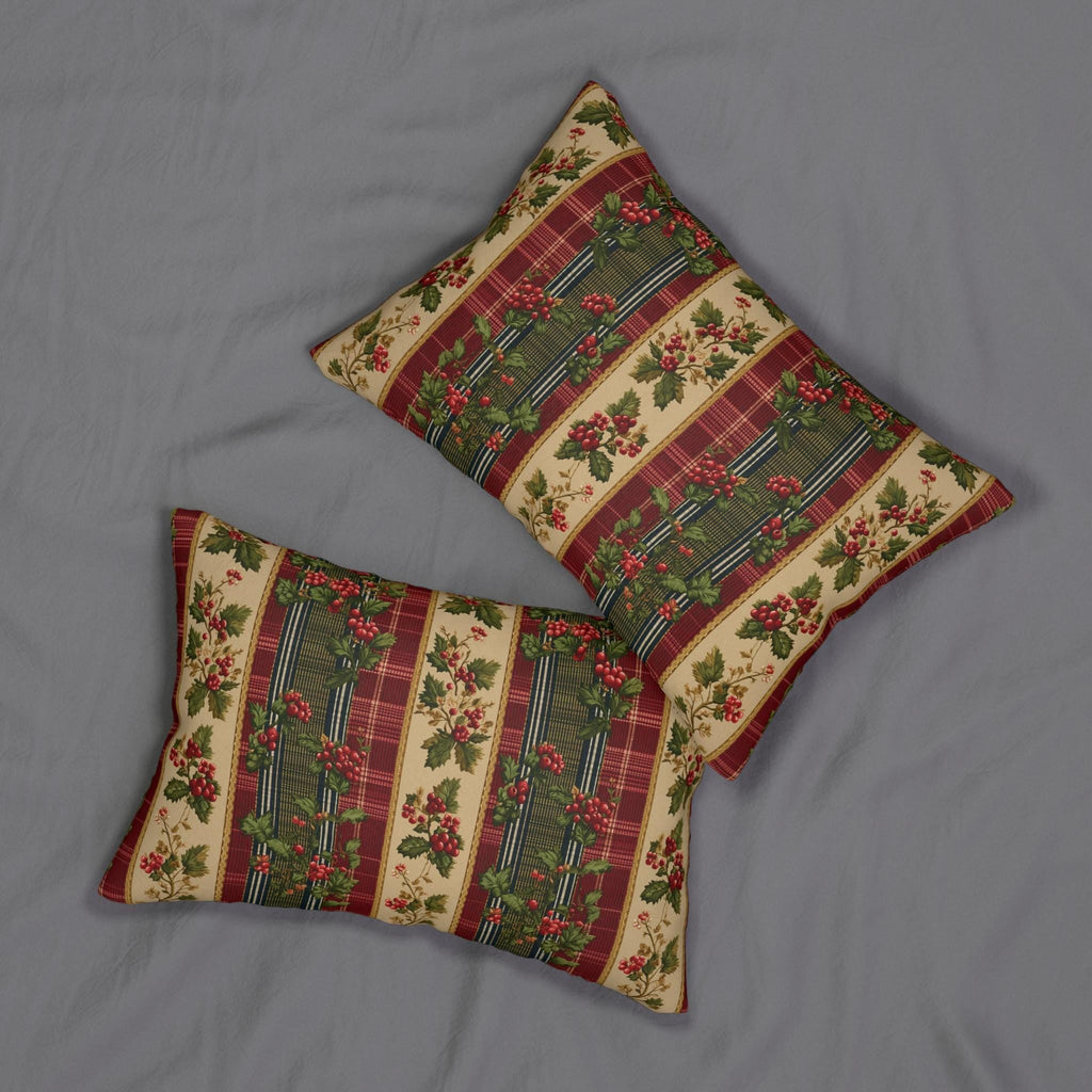 Christmas Lumbar Pillow: Classic Vintage Style Holly & Tartan Plaid in Red Green and Cream