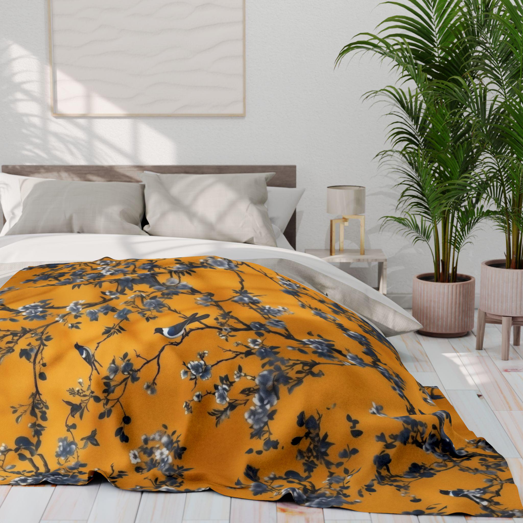 Elegant Chinoiserie Throw Blanket: Golden Yellow with Blue Blossom Branches, Asian-Inspired Home Accent