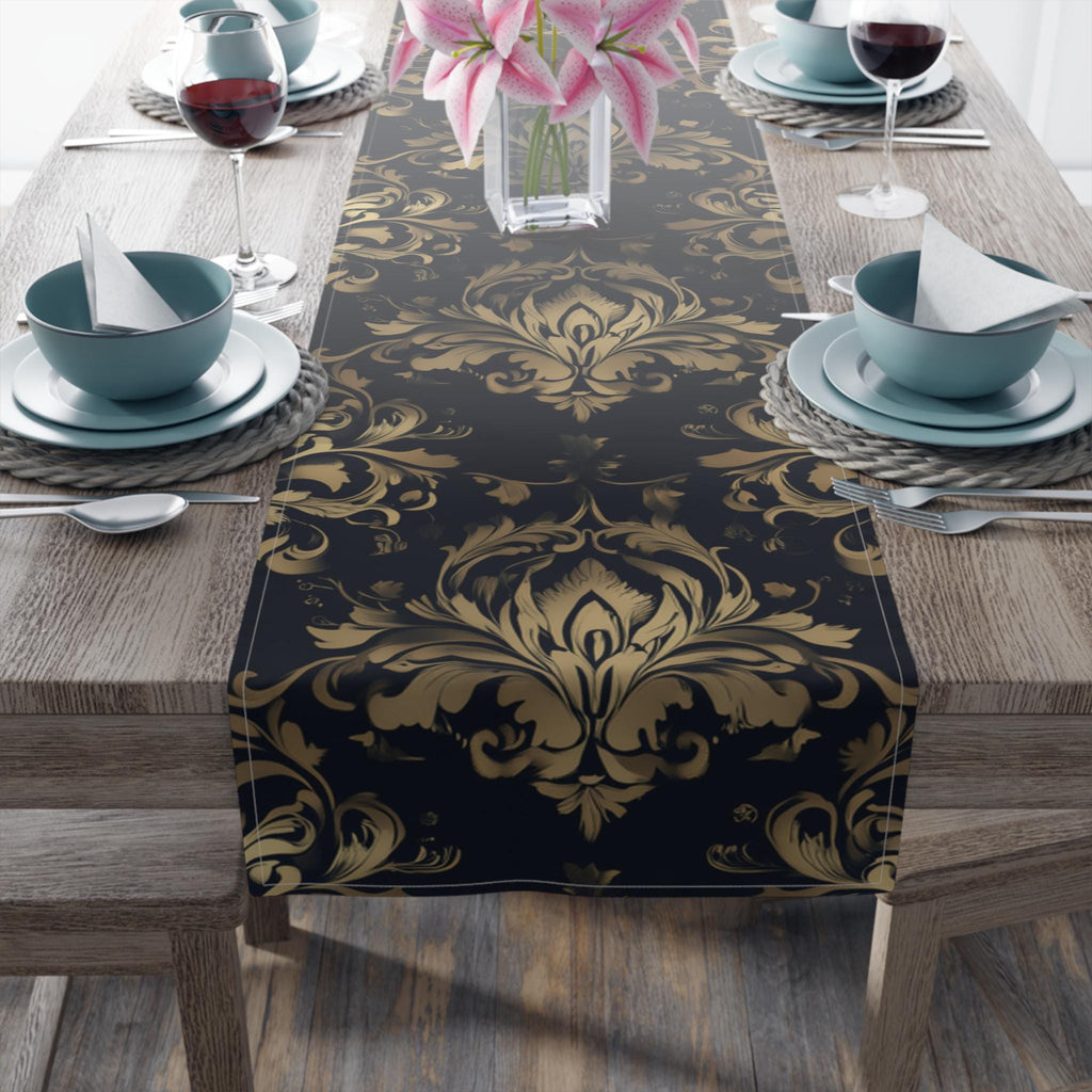 Navy and Gold Damask Table Runner: Elegant Medallion Print Dining Decor