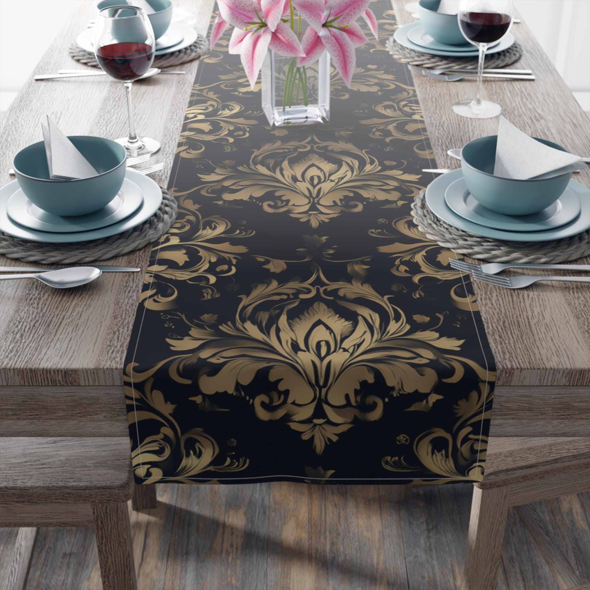 Navy and Gold Damask Table Runner: Elegant Medallion Print Dining Decor