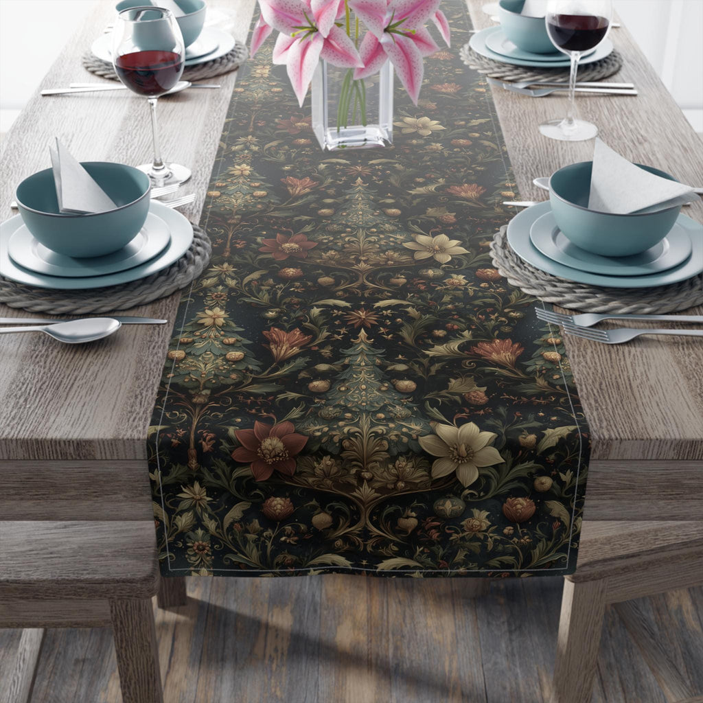 Intricate Christmas Table Runner: William Morris Holiday Botanical Pattern, Dark Red & Gold