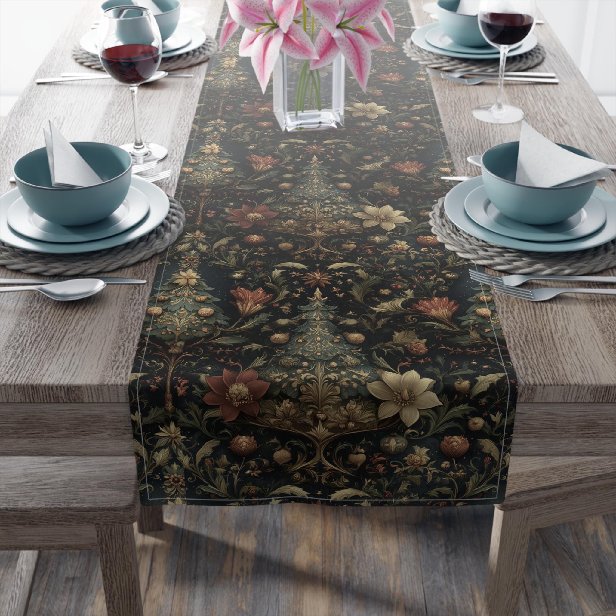 Intricate Christmas Table Runner: William Morris Holiday Botanical Pattern, Dark Red & Gold