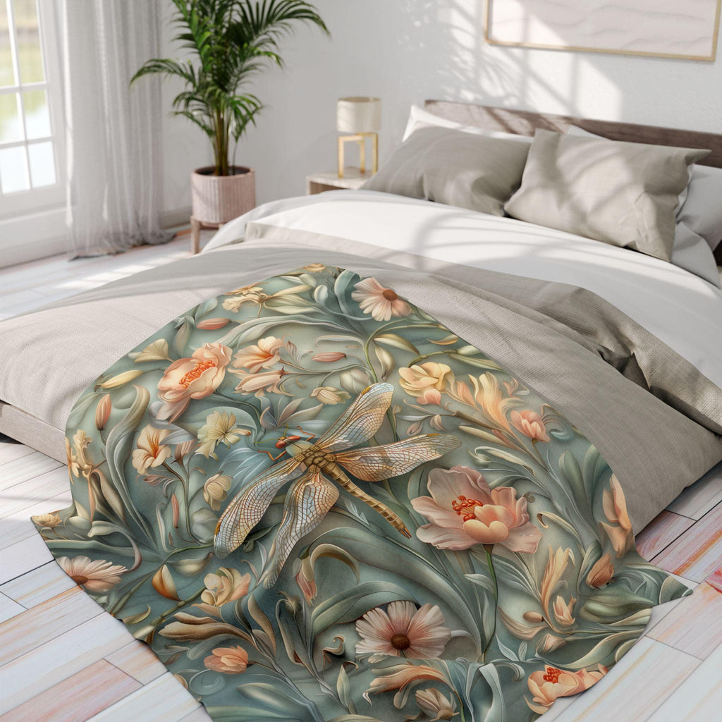 Luxurious William Morris Dragonfly Fleece Throw: Blue & Gold Wings, Pink Flowers, Elegant Nature Design