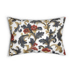 Baroque Inspired Lumbar Pillow | Luxurious Navy Blue, Gold, and Red Floral Design | White Background