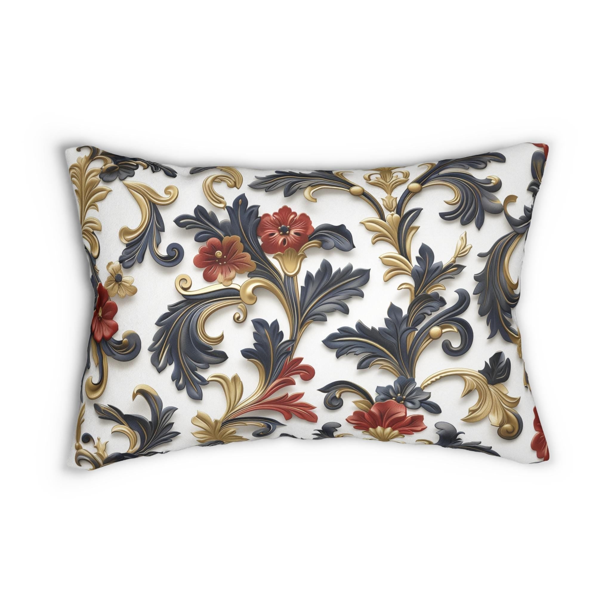 Baroque Inspired Lumbar Pillow | Luxurious Navy Blue, Gold, and Red Floral Design | White Background
