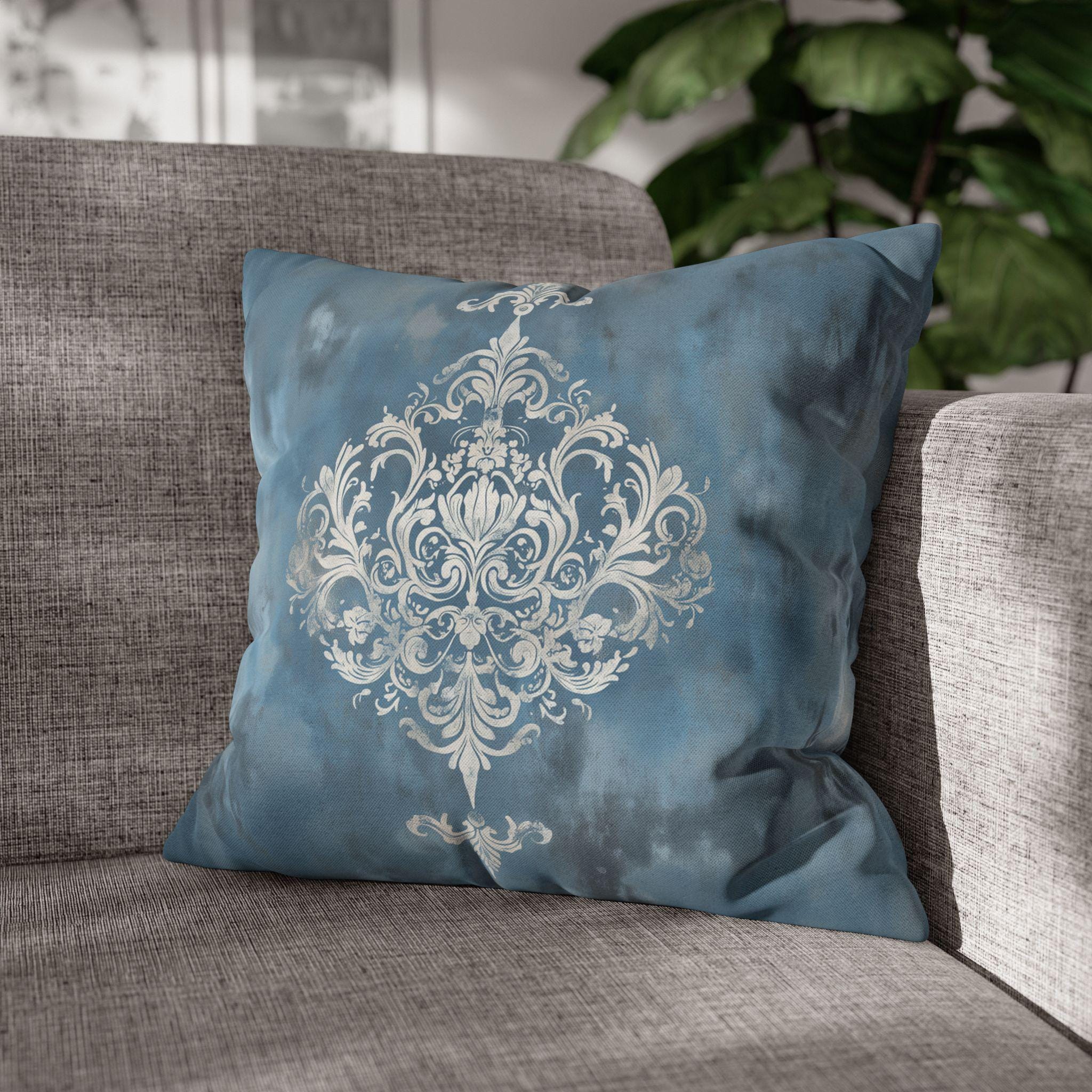 Silvery White Damask Pillow Cover: Blue-Gray Vintage Accent