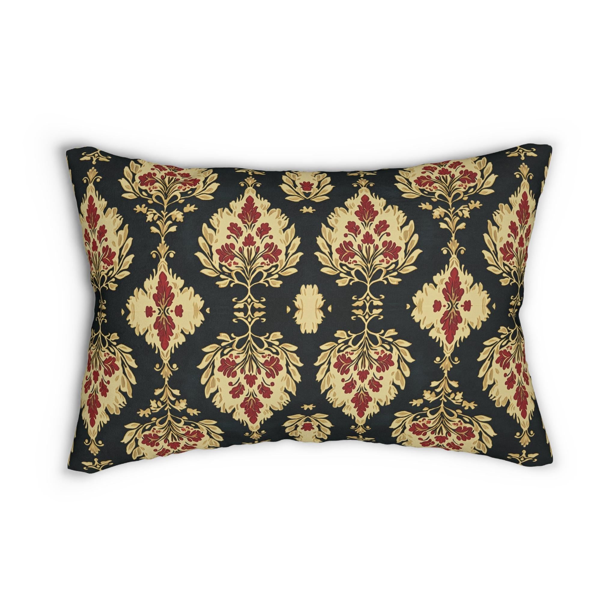 Ikat Lumbar Pillow: Red & Gold Floral Medallions, Holiday Cushion