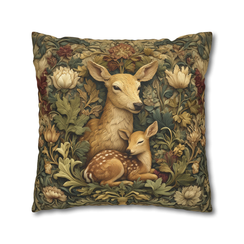 William Morris Inspired Pillow Cover:   Woodland Botanical Doe and Fawn