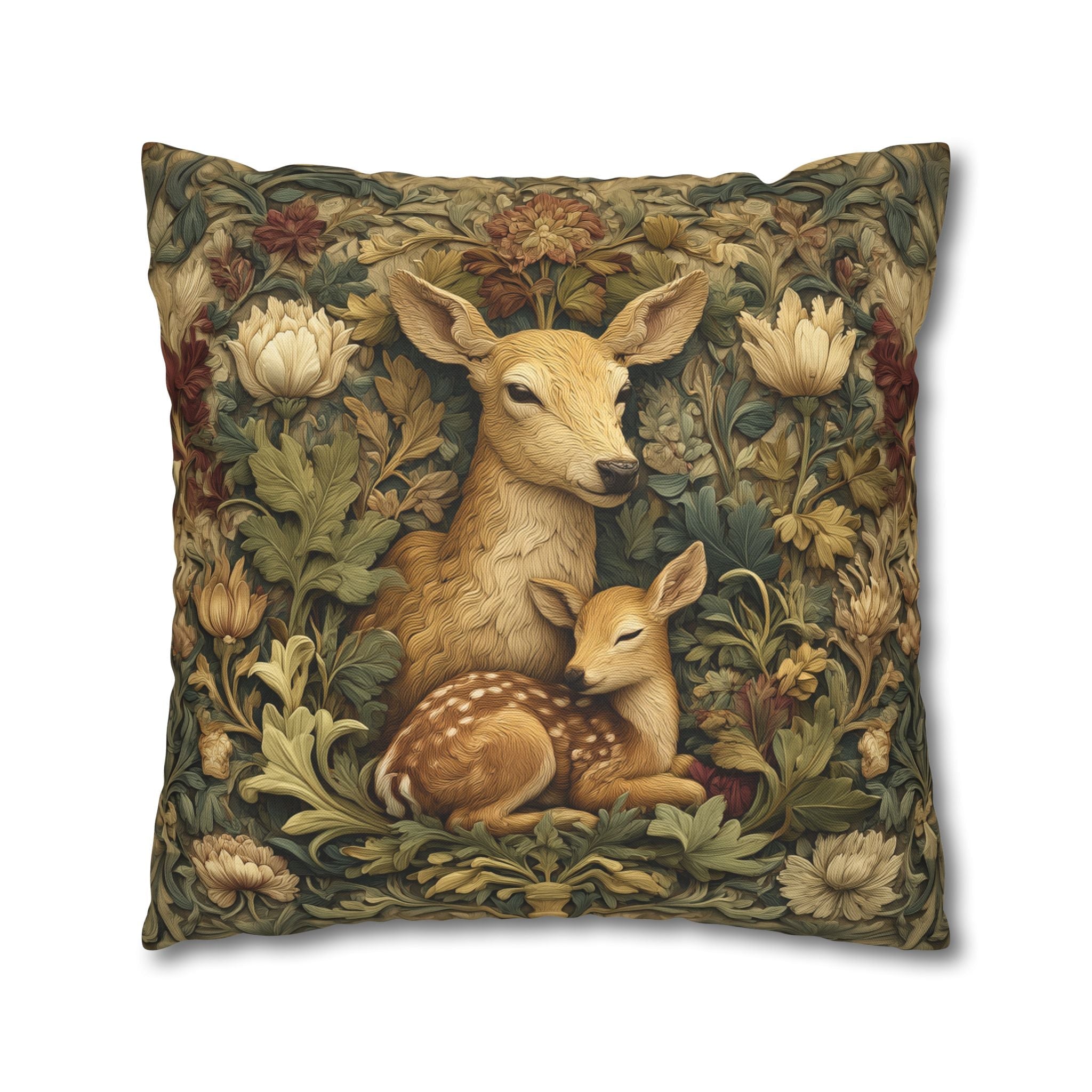William Morris Inspired Pillow Cover:   Woodland Botanical Doe and Fawn