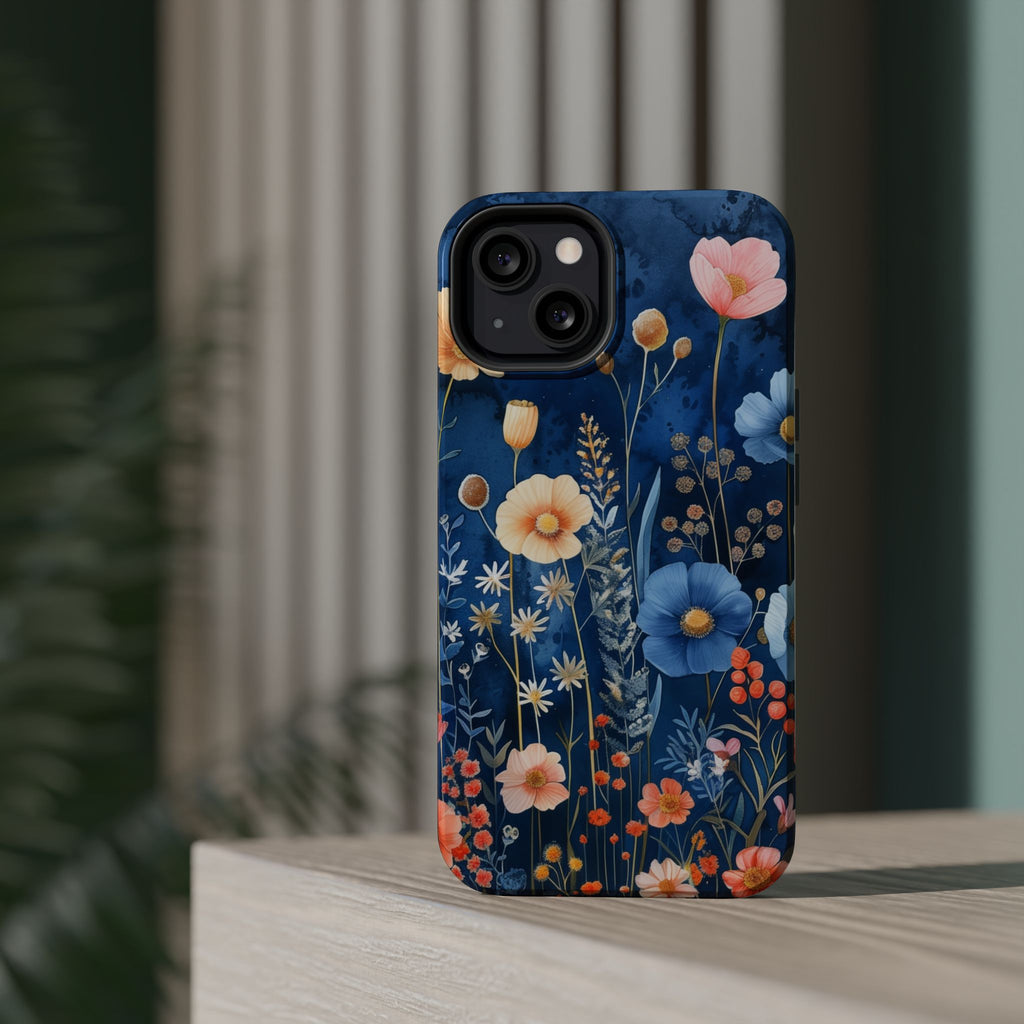 Blue Wildflower MagSafe iPhone Case: Dreamy Floral Design 14 15 16 Pro Plus Max