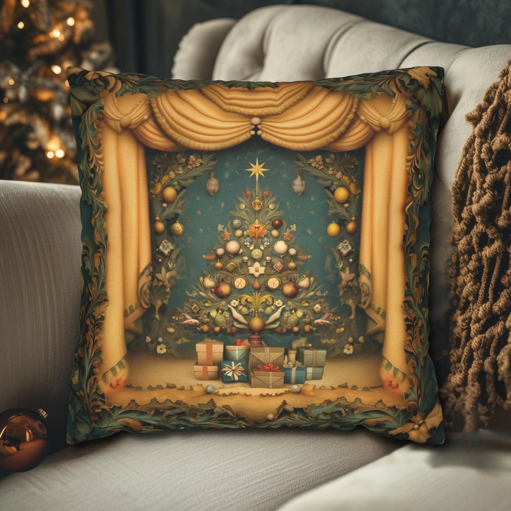 Vintage Art Nouveau Christmas Pillow Cover: Theatrical Tree, Golden Curtains, and Wrapped Gifts