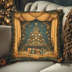 Vintage Art Nouveau Christmas Pillow Cover: Theatrical Tree, Golden Curtains, and Wrapped Gifts