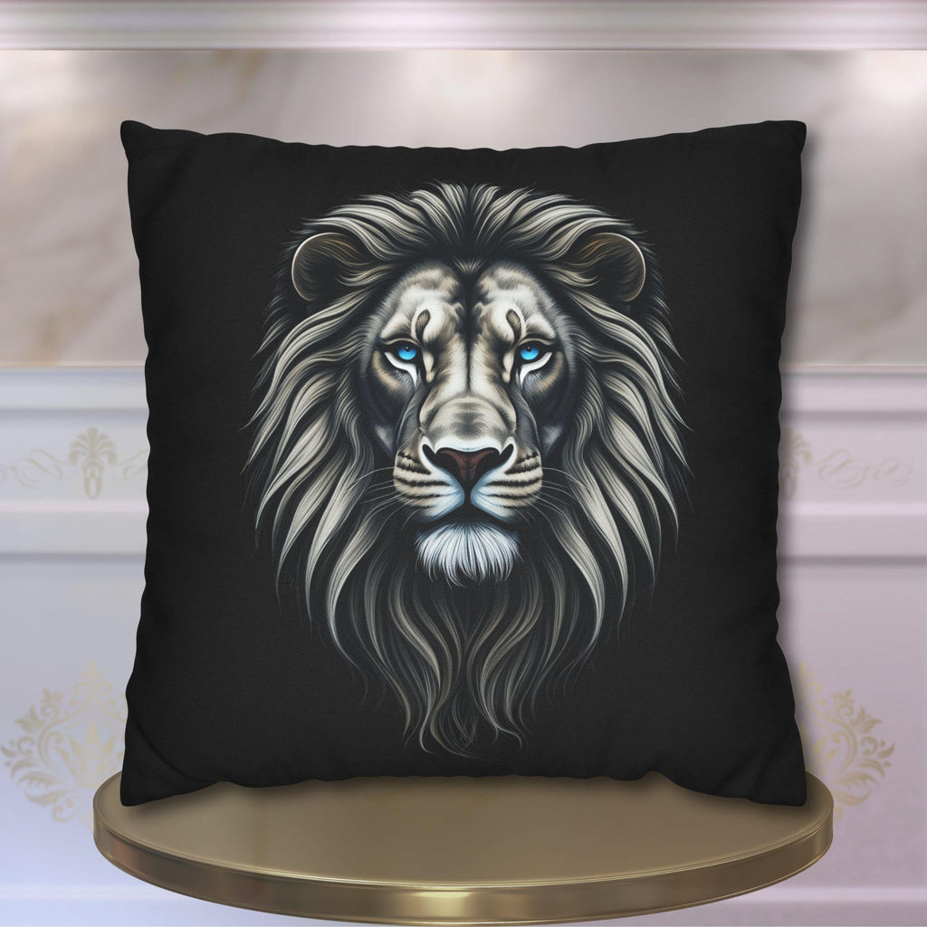 Midnight Mane Lion Pillow Cover: Ice-Blue Gaze Edition