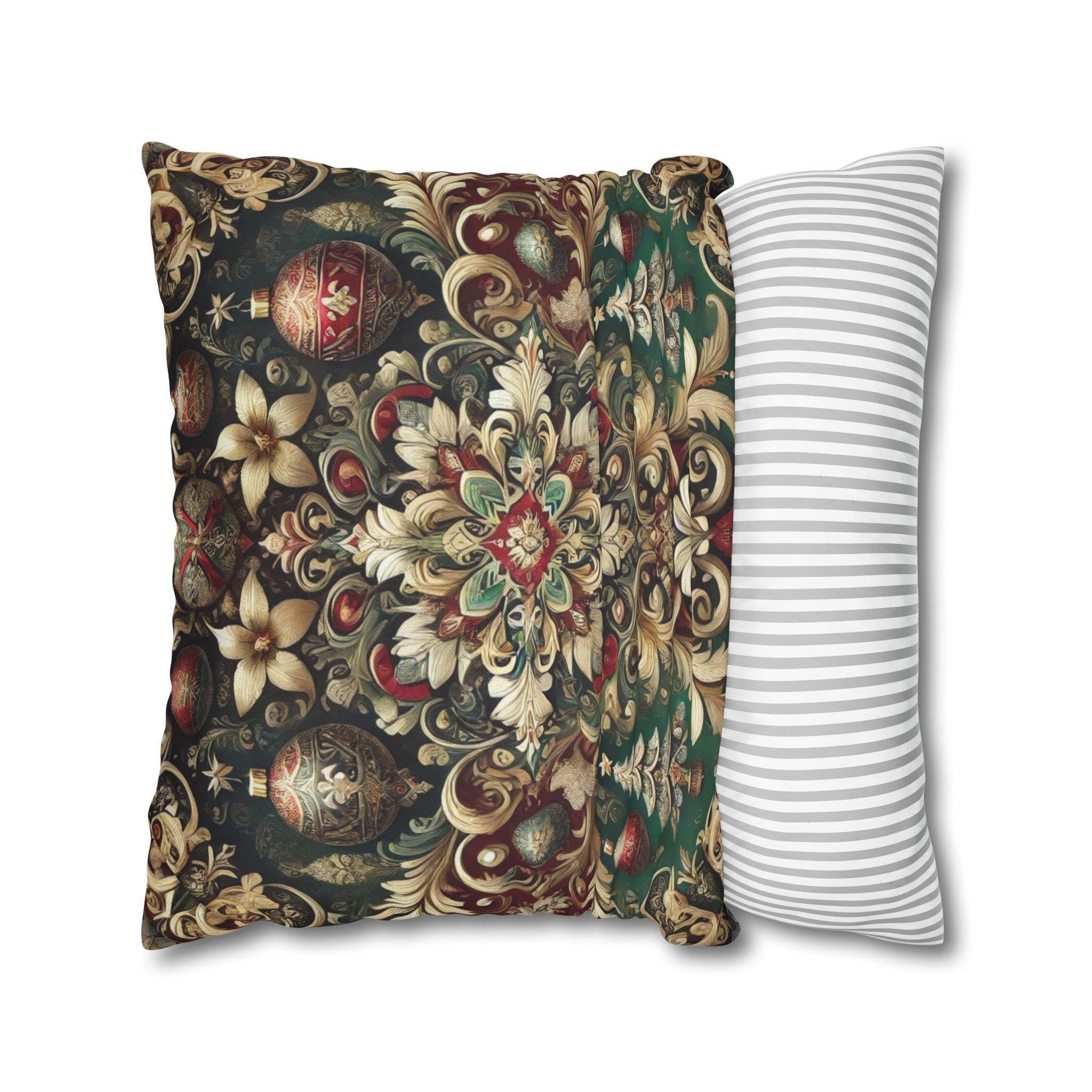 Baroque Christmas Square Pillow Cover, Gold Red Green Ornaments, Vintage Style Luxury Design Pillowcase