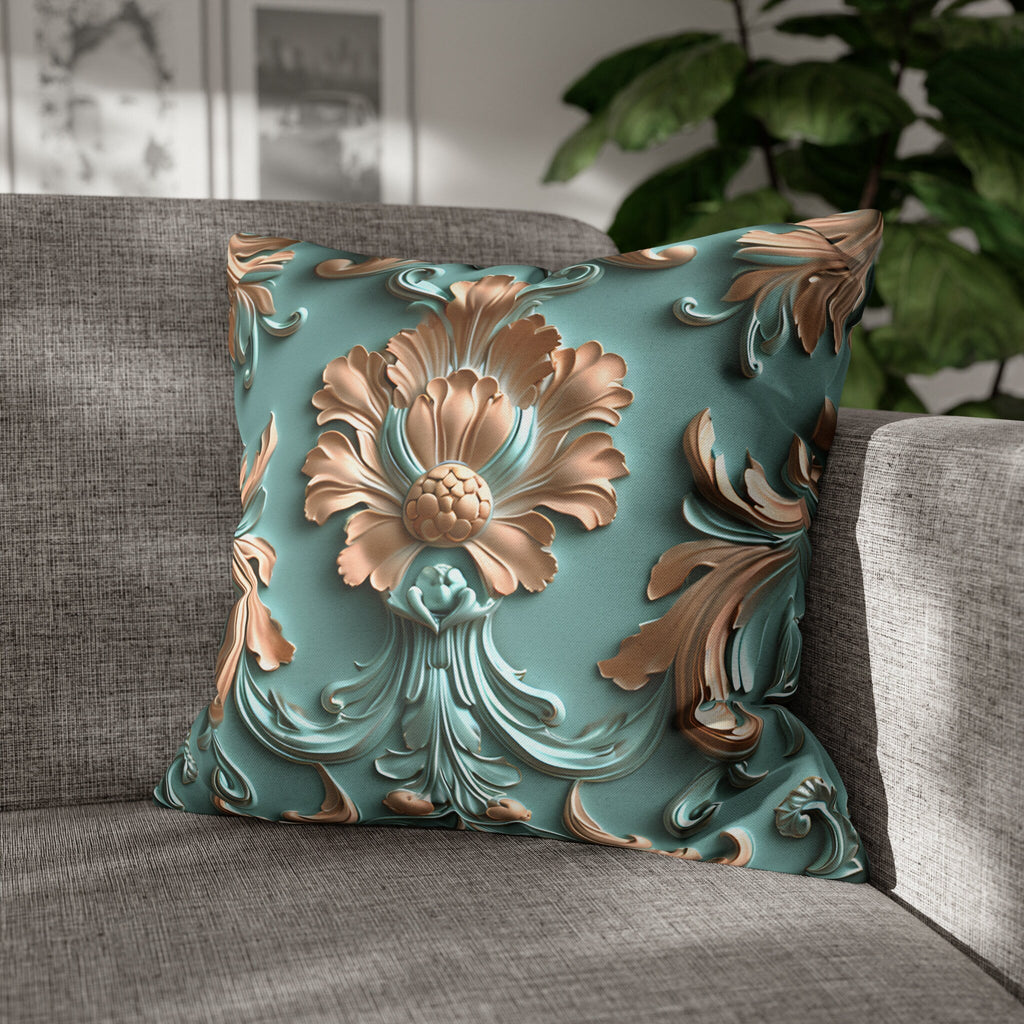 Floral Rococo Style Pillow Cover, Peach Fuzz & Light Teal Elegant Design