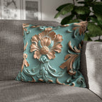 Floral Rococo Style Pillow Cover, Peach Fuzz & Light Teal Elegant Design