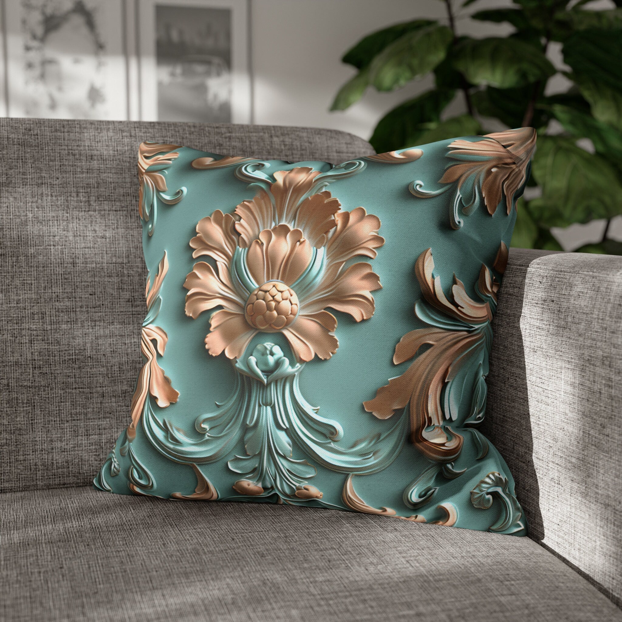 Floral Rococo Style Pillow Cover, Peach Fuzz & Light Teal Elegant Design