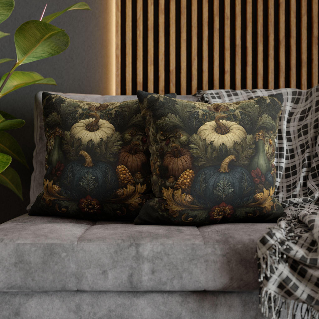 William Morris Inspired Autumn Harvest Tapestry Pillow Cover: Deep Teal with Ivory Blue & Gold