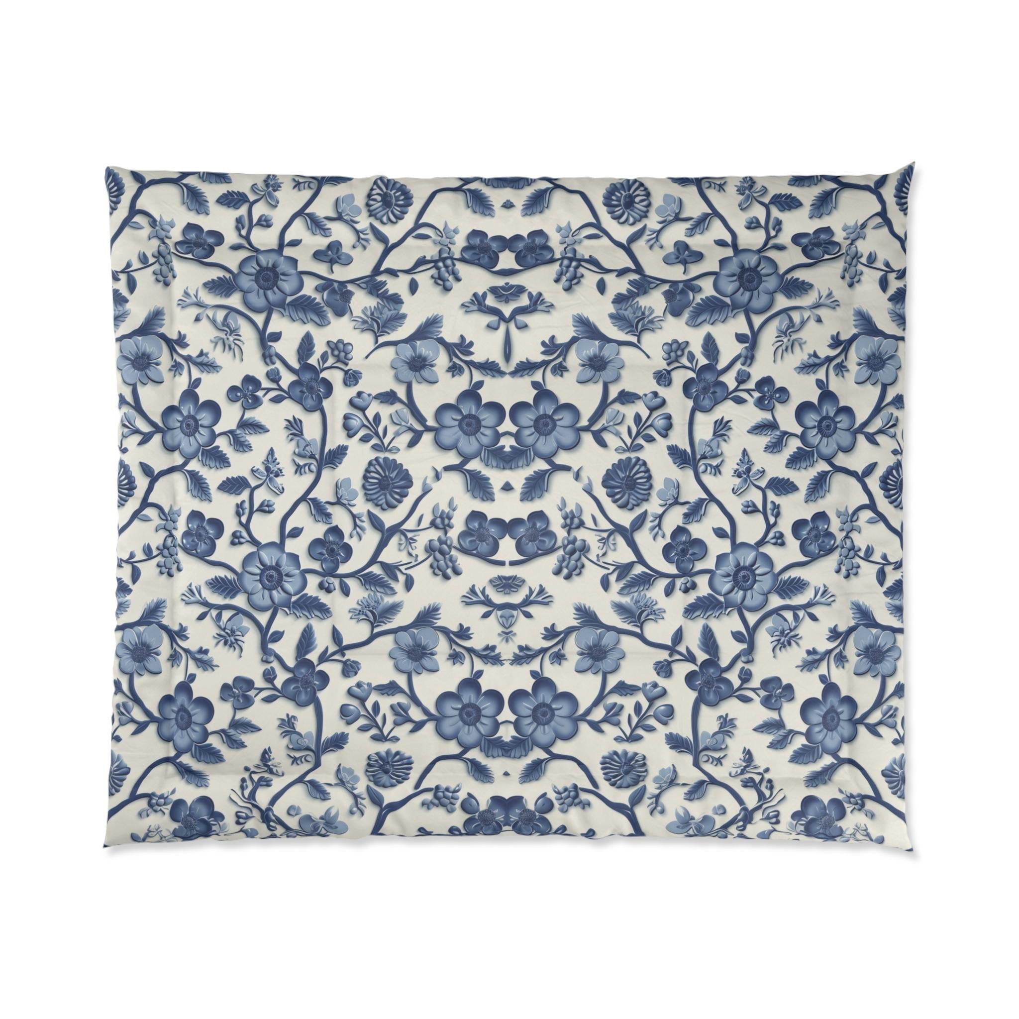 Elegant Chinoiserie Comforter: Blue & White Pottery Pattern for Luxurious Bedroom Decor