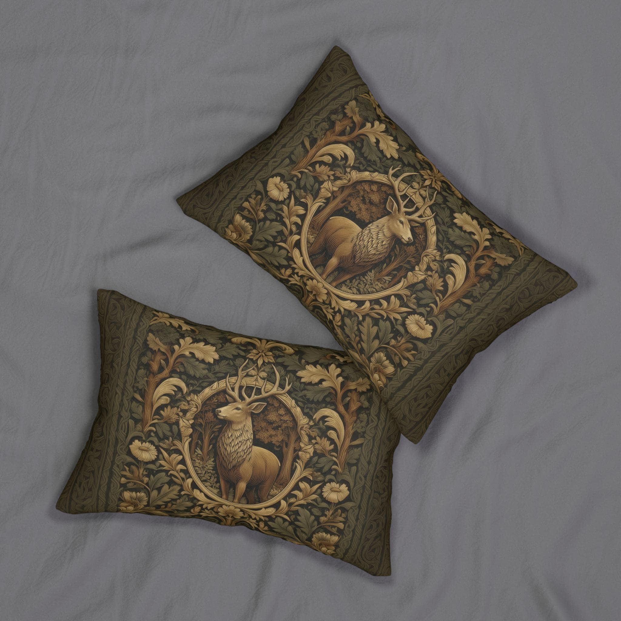 William Morris Inspired Noble Stag Lumbar Pillow: Botanical Woodland Design