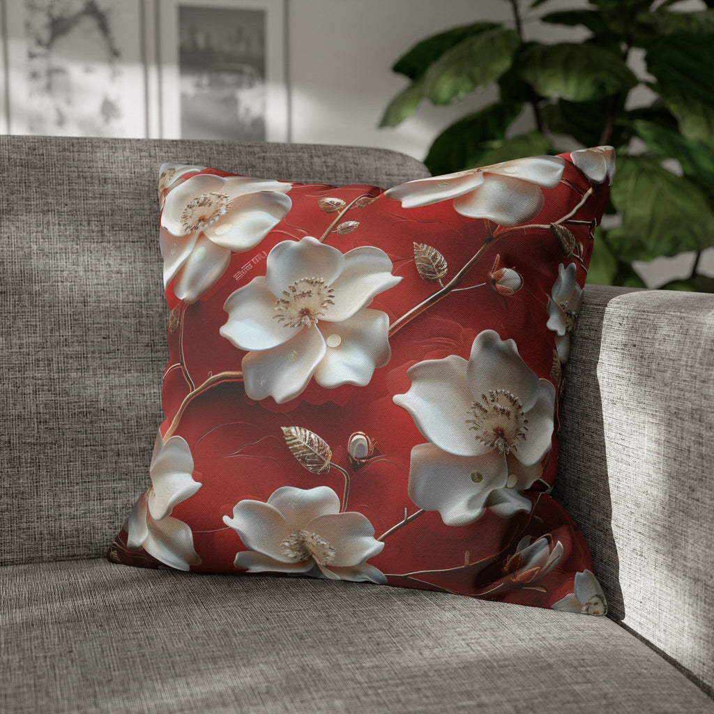 Romantic Berry & White Floral Pillow Cover with Golden Centers - Elegant Cushion for Home Decor