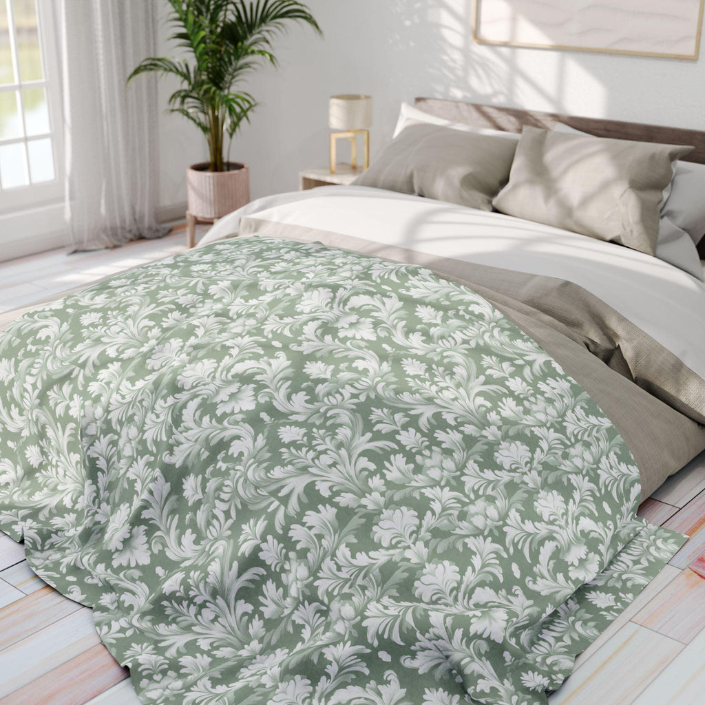 Damask Pattern Pastel Green Fleece Blanket, Vintage Style Throw Blanket for Living Room Bedroom