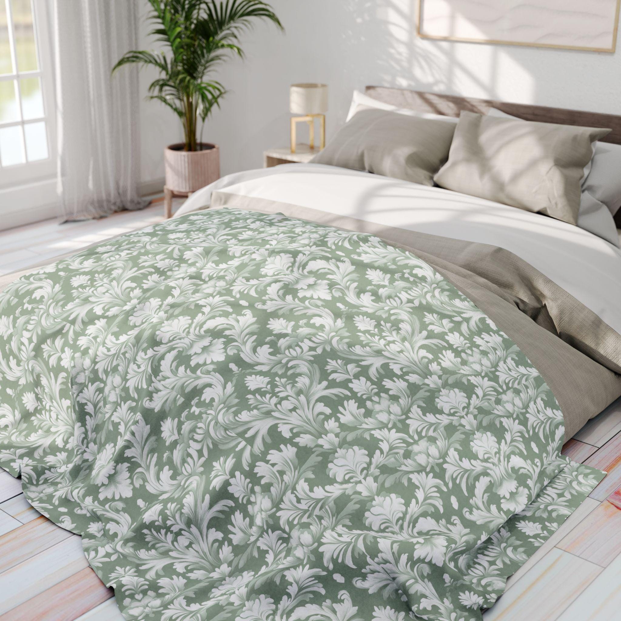 Damask Pattern Pastel Green Fleece Blanket, Vintage Style Throw Blanket for Living Room Bedroom