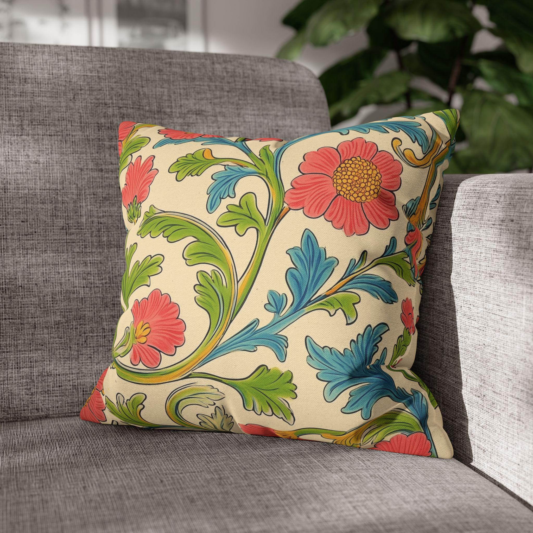 Arts and Crafts Floral Pillow Cover: William Morris Lodden-Inspired Design in Coral, Blue, Green