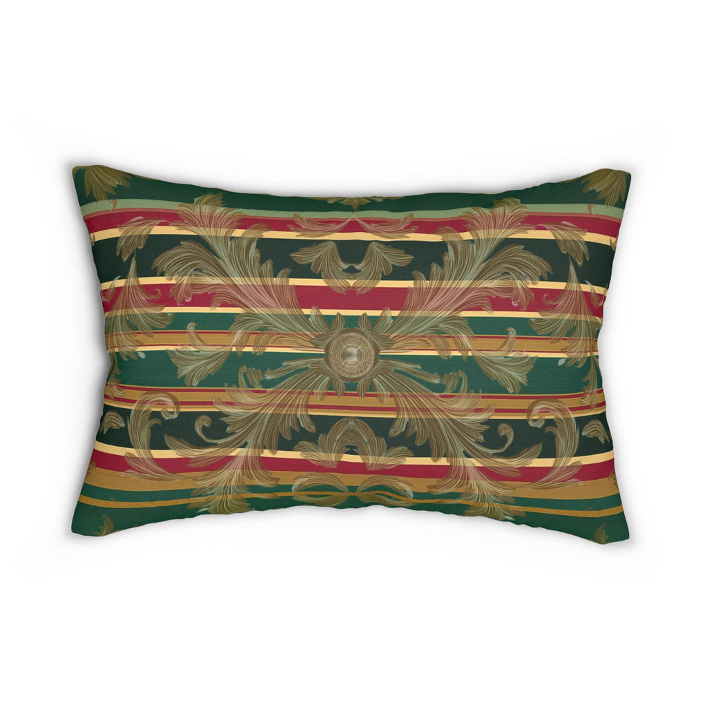Gold Damask Christmas Lumbar Pillow: Emerald Tartan Bands and Medallion Accent