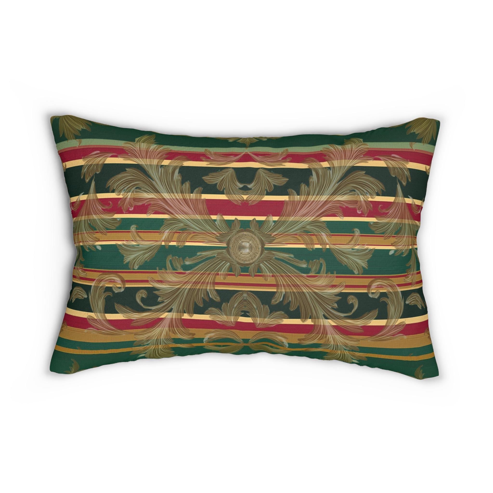Gold Damask Christmas Lumbar Pillow: Emerald Tartan Bands and Medallion Accent