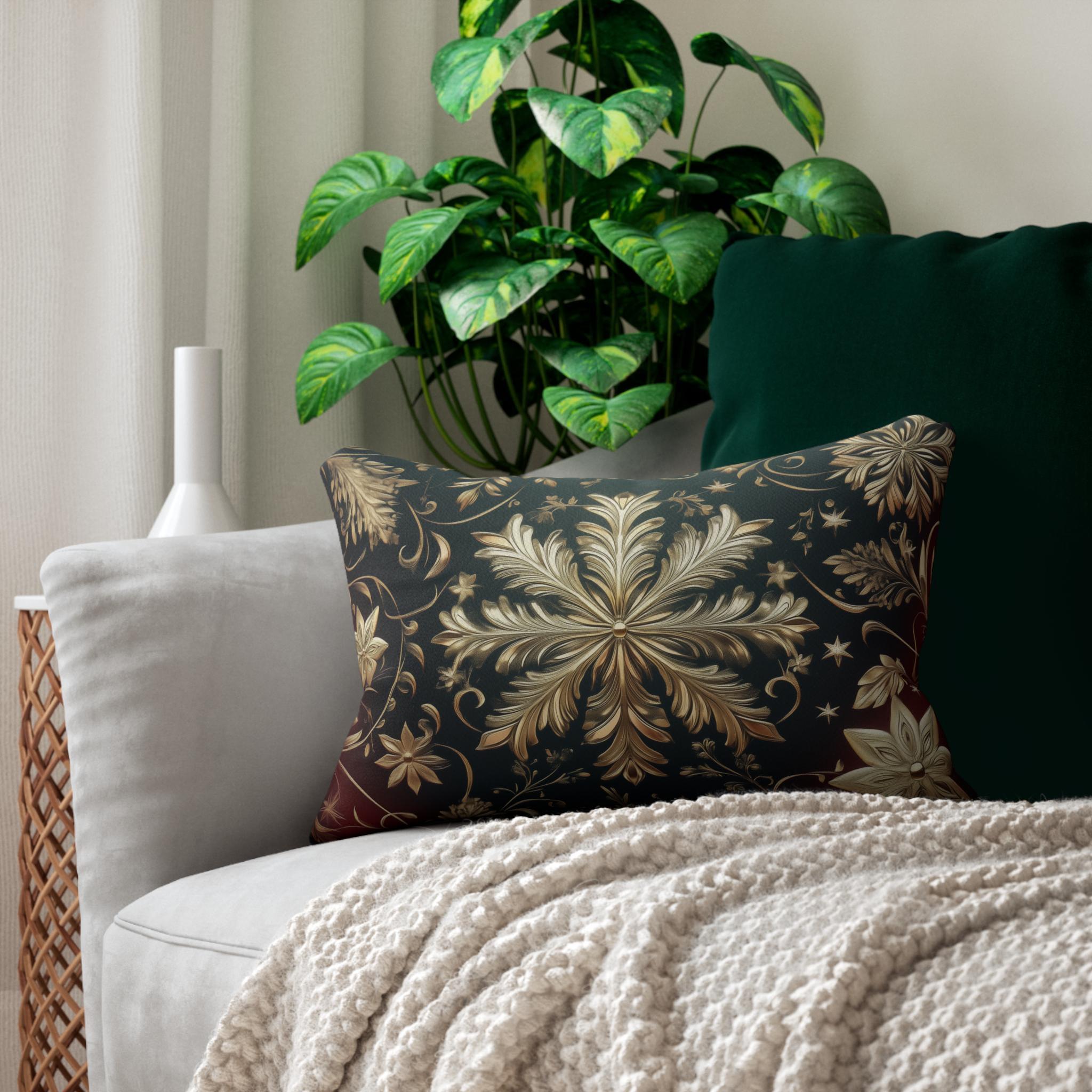 Snowflake Christmas  Lumbar Pillow, Burgundy & Green Ornate Design Lumbar Cushion