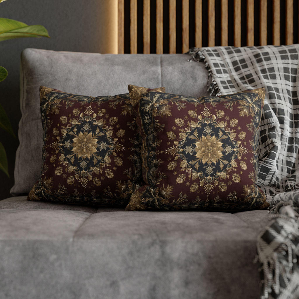 Vintage Inspired Pillow Cover: Gold Floral Burgundy Cushion