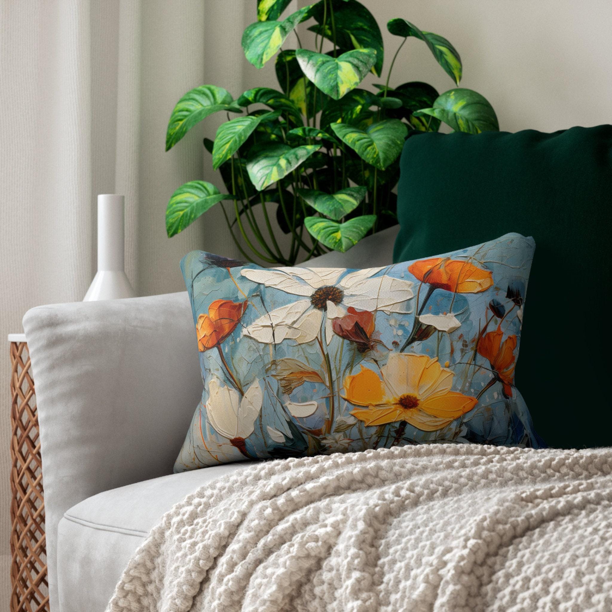 Vintage Style Floral Lumbar Pillow: Blue Wildflower Oil Painting Style