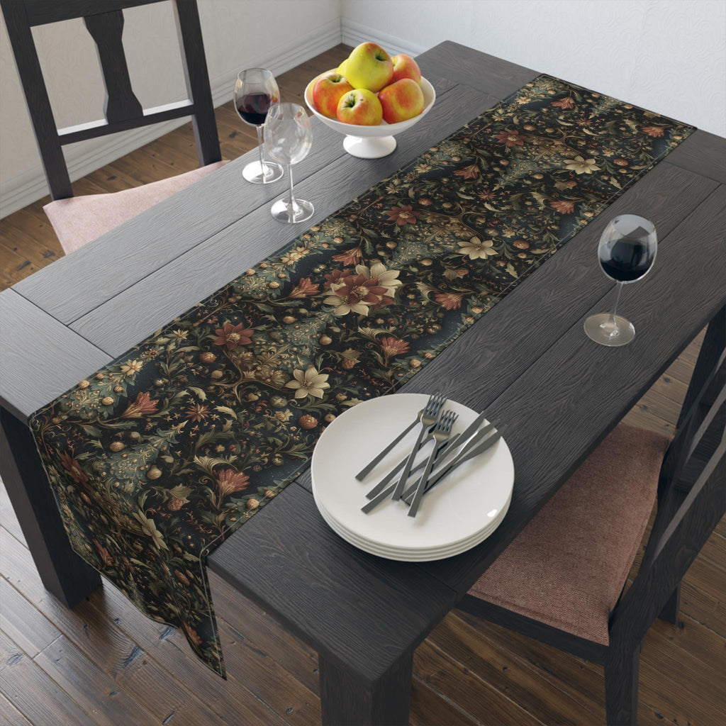 Intricate Christmas Table Runner: William Morris Holiday Botanical Pattern, Dark Red & Gold