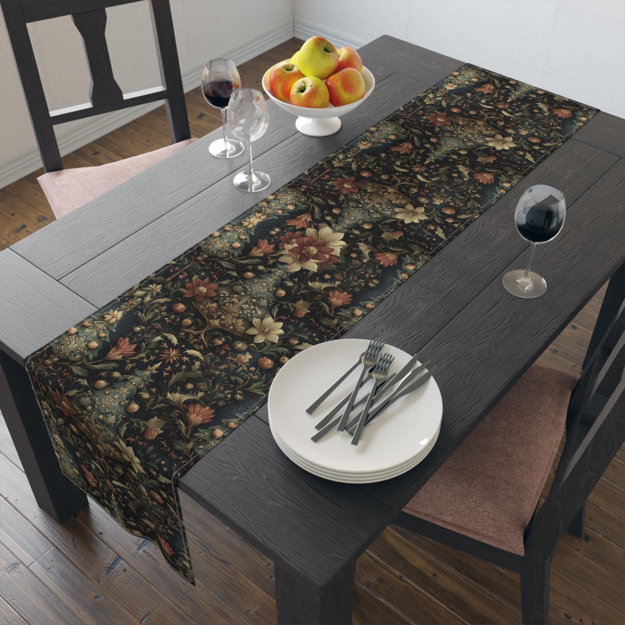 Intricate Christmas Table Runner: William Morris Holiday Botanical Pattern, Dark Red & Gold