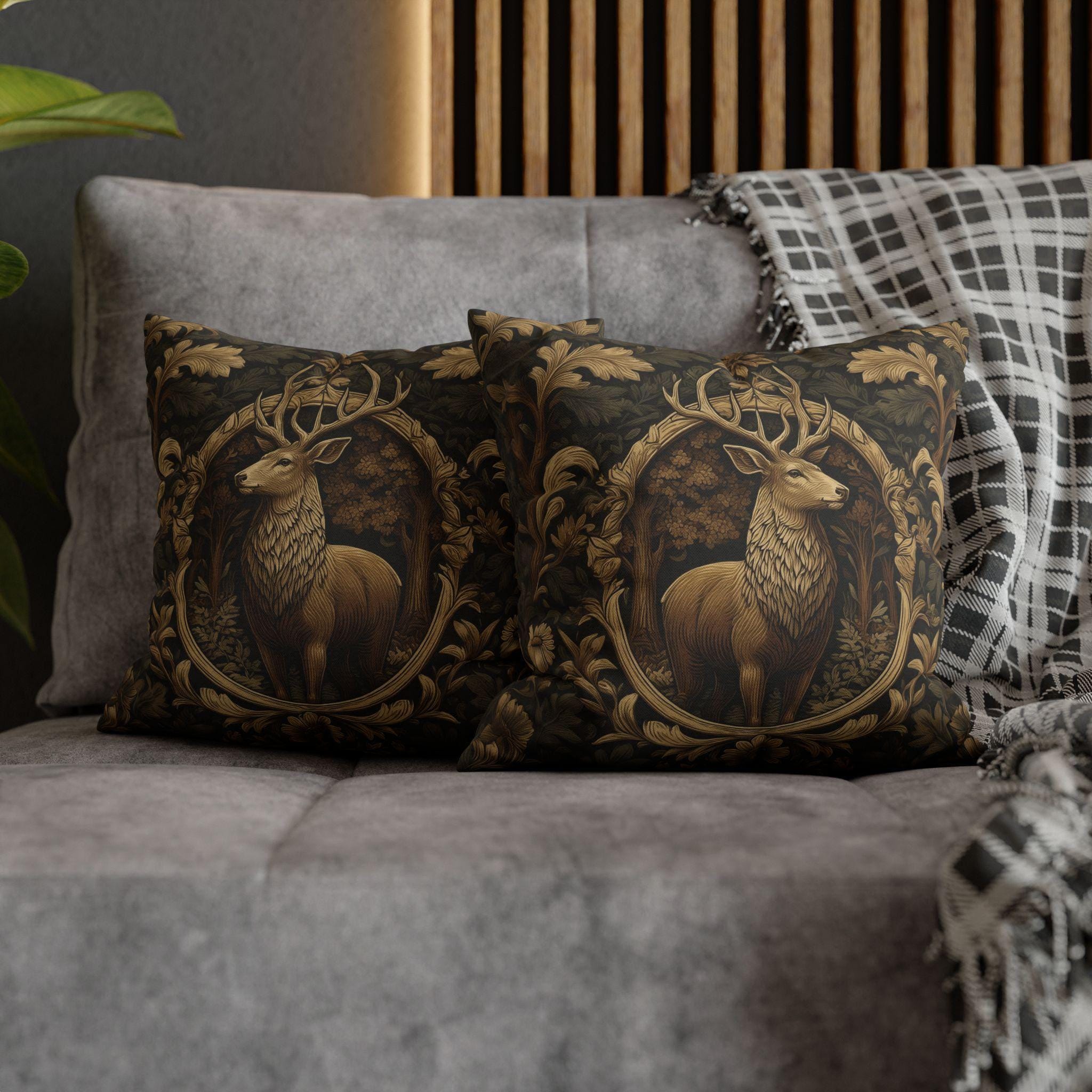 William Morris Inspired Noble Stag Pillow Cover: Botanical Woodland Design