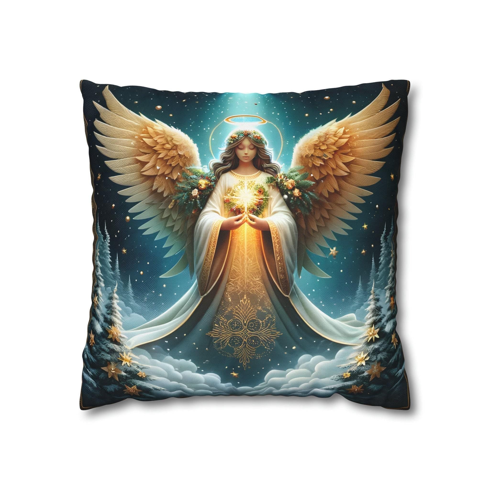Angelic Christmas Throw Pillow Cover: Midnight Blue Decorative Holiday Cushion with Golden Wings