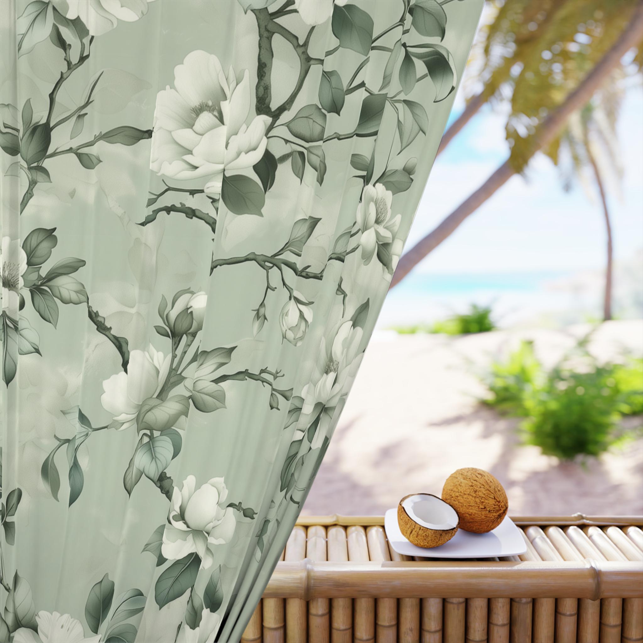 Elegant White Magnolia Blackout Curtain with Mint Green Background - Floral Window Decor panel