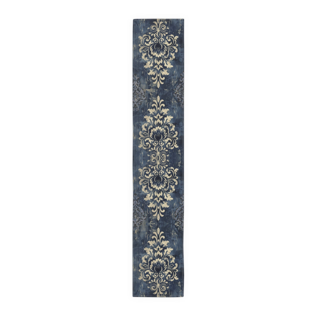Navy Blue and Gold Damask Table Runner: Farmhouse Chic Decor