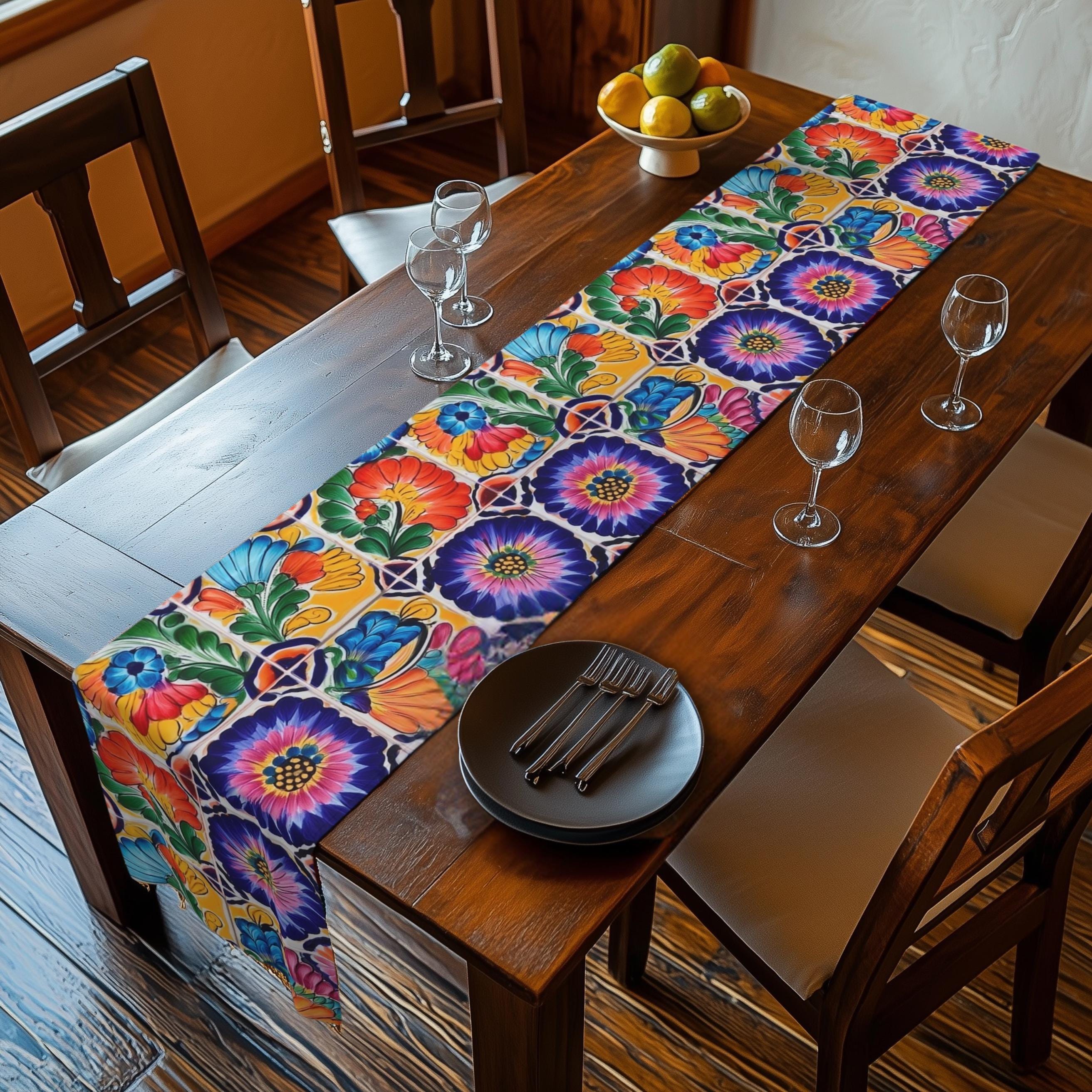Mexican Table Runner: Colorful Floral Tile Pattern Celebrating the Artistry of Mexico