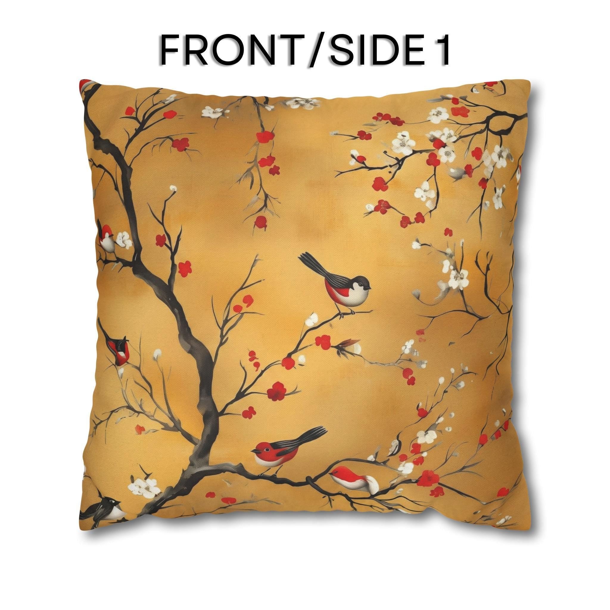 Chinoiserie Pillow Cover: Gold, Red Blossoms & Birds - Asian Decor