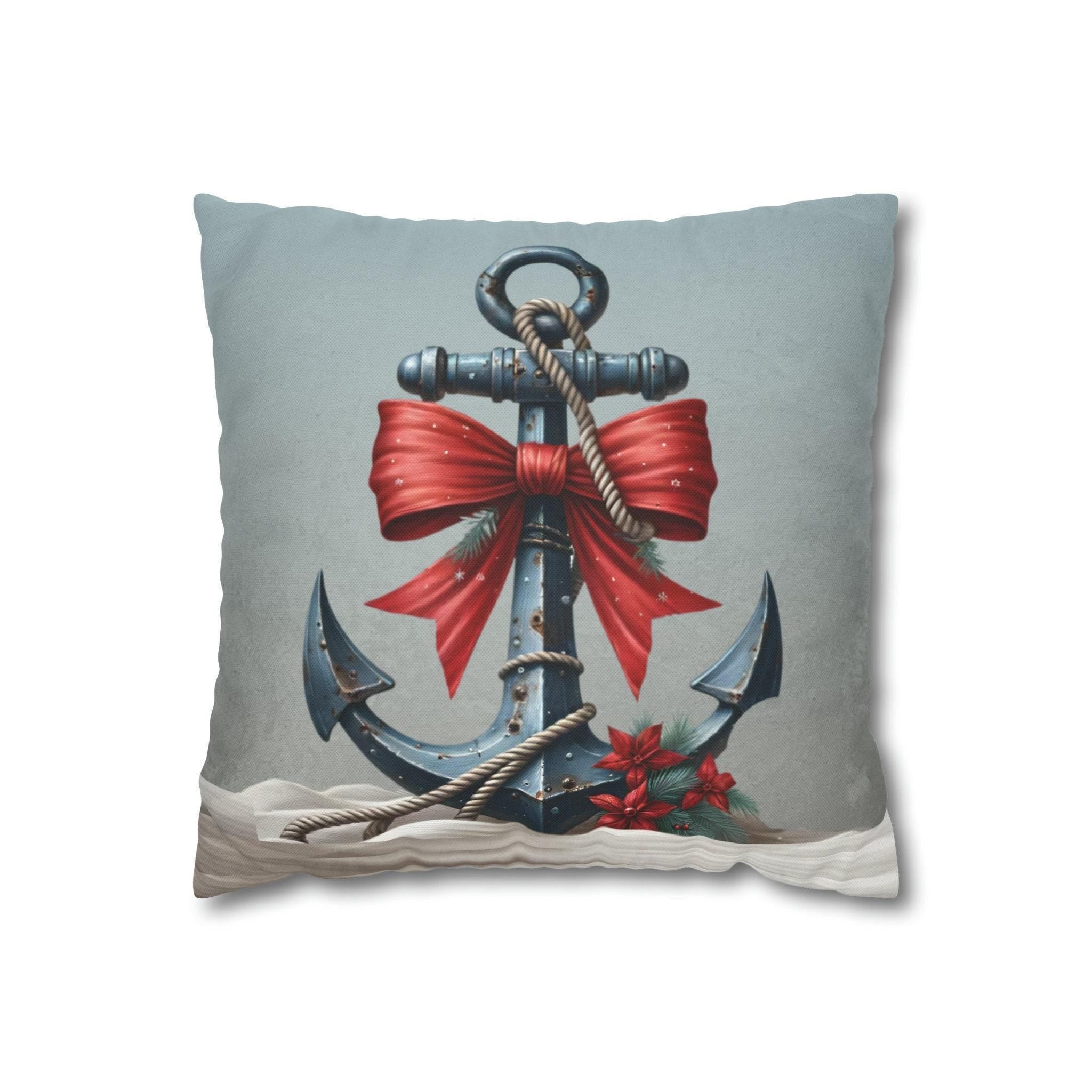 Rustic Ship's Anchor Christmas Pillow Cover: Nautical Holiday Decor