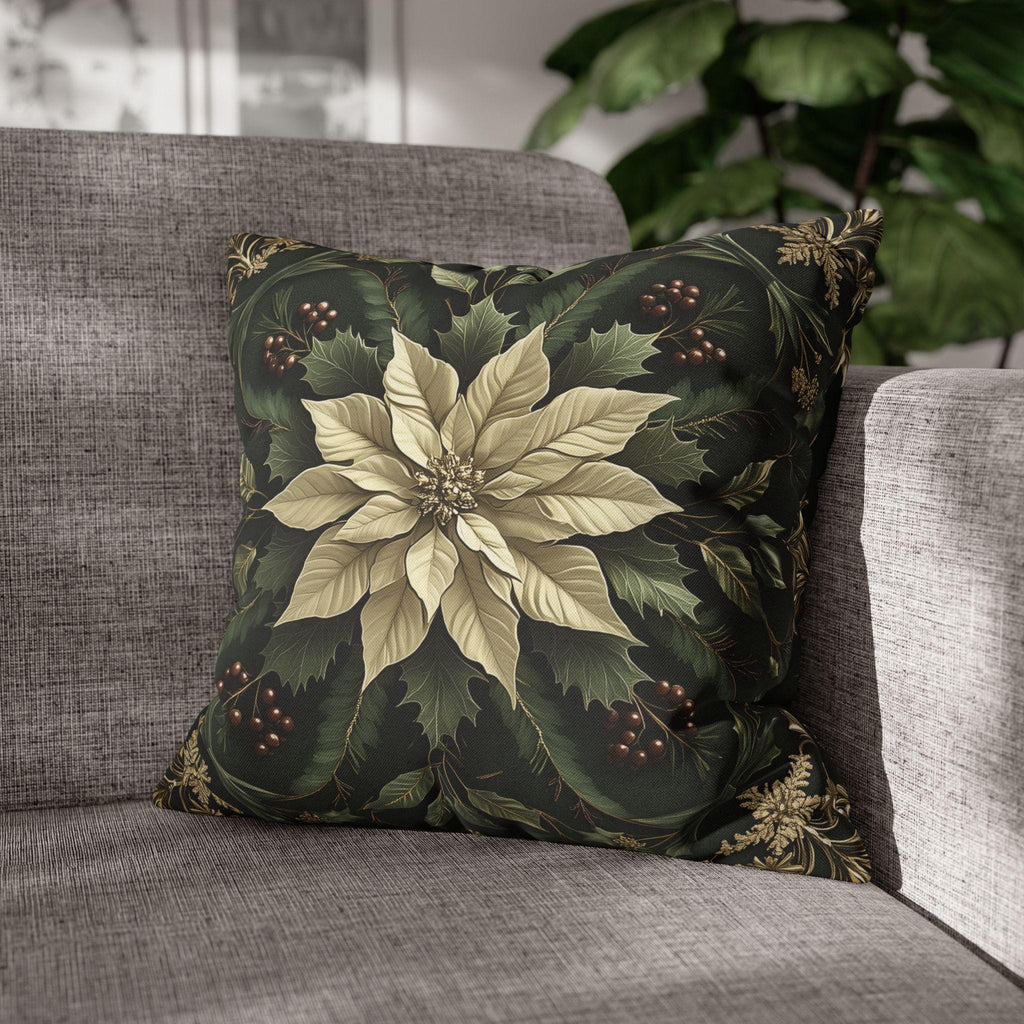 Festive Poinsettia Square Pillow Cover: Elegant Christmas Home Decor for Winter Comfort