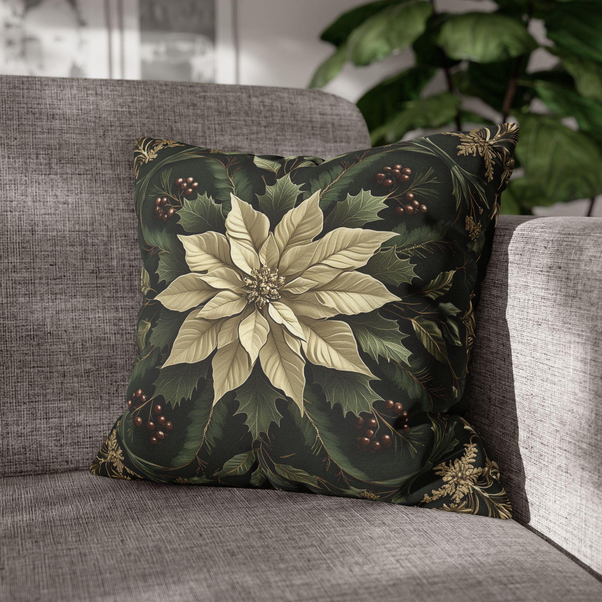 Festive Poinsettia Square Pillow Cover: Elegant Christmas Home Decor for Winter Comfort