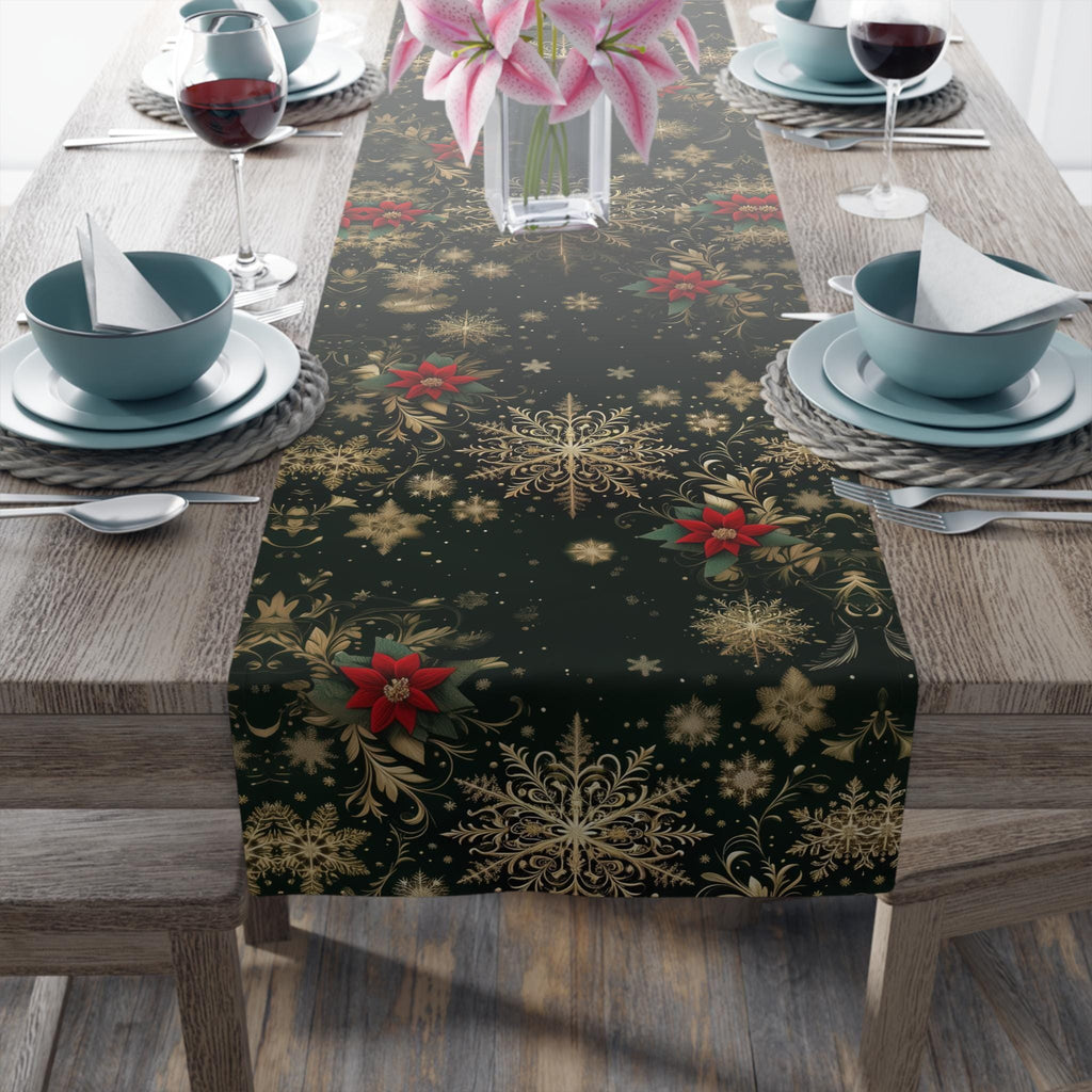 Emerald Christmas Table Runner - Gold Snowflakes and Festive Poinsettias
