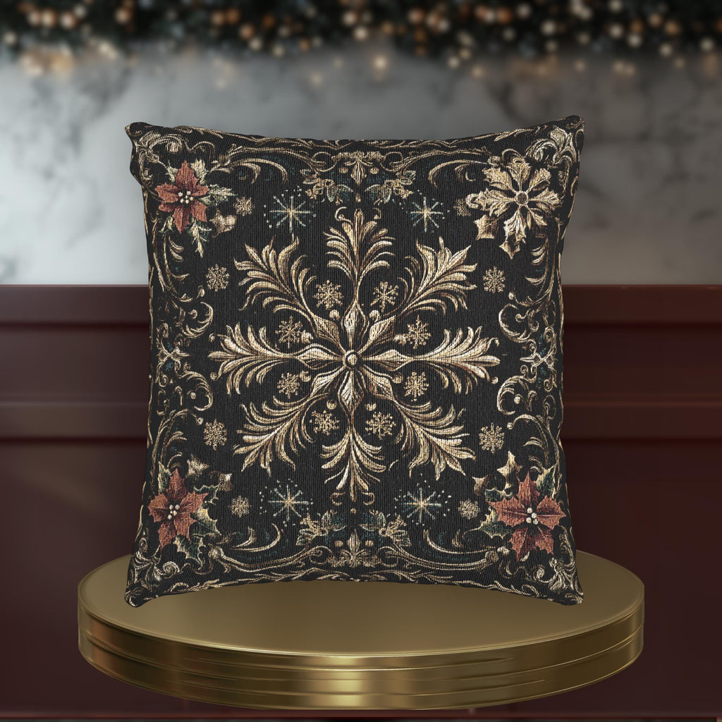 Christmas Woven Throw Pillow, Ivory Gold Snowflakes and Red Poinsettias on Deep Charcoal