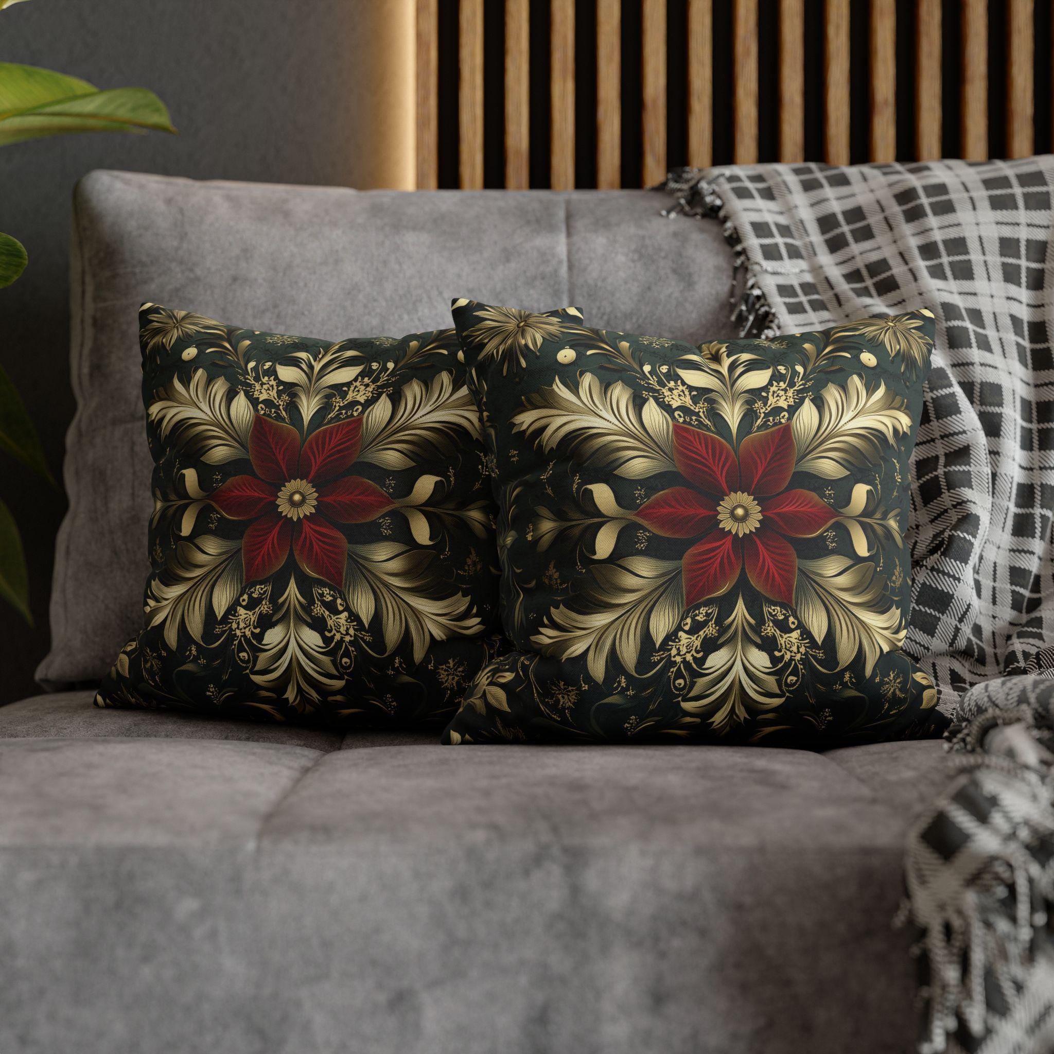 Poinsettia Pillow Cover, Red and Gold, Holiday Home Decor