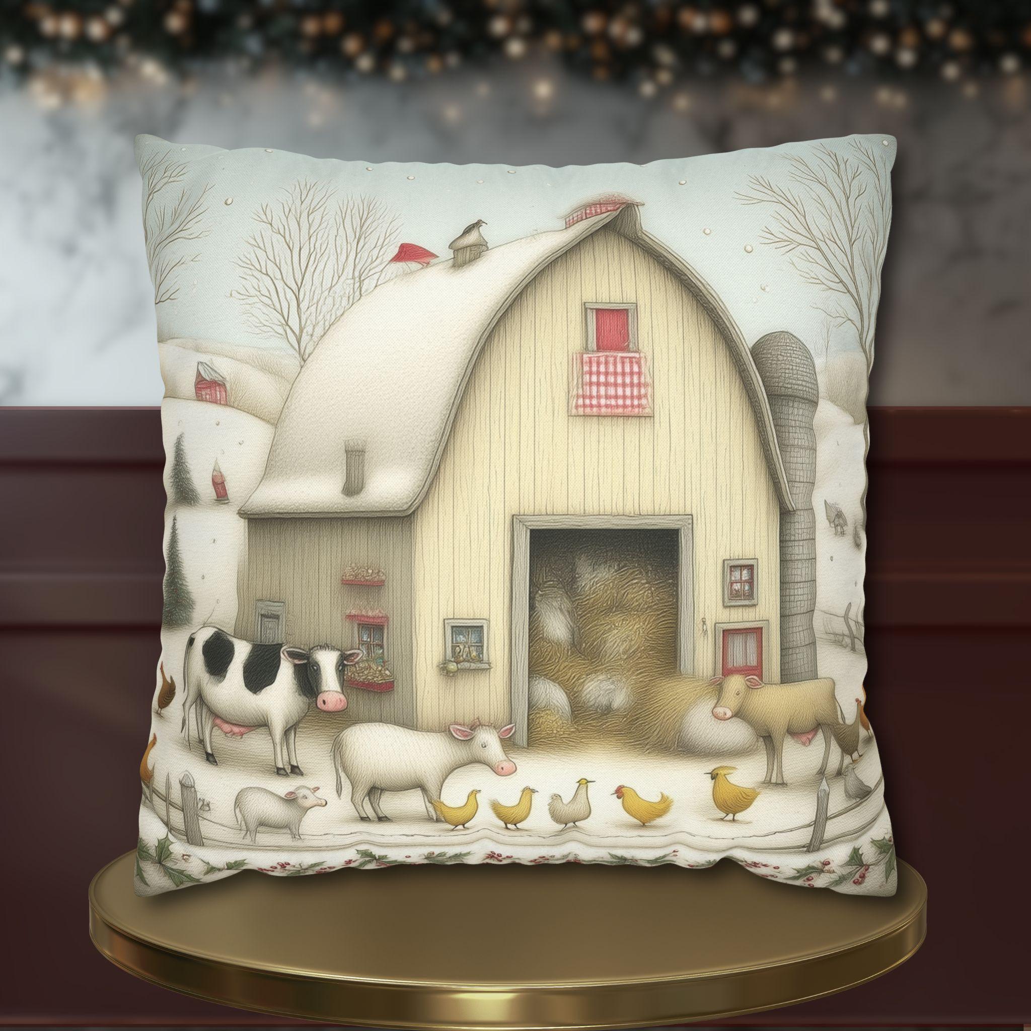 Farmhouse Christmas Barn Pillow Cover: Vintage Style Winter Country Scene