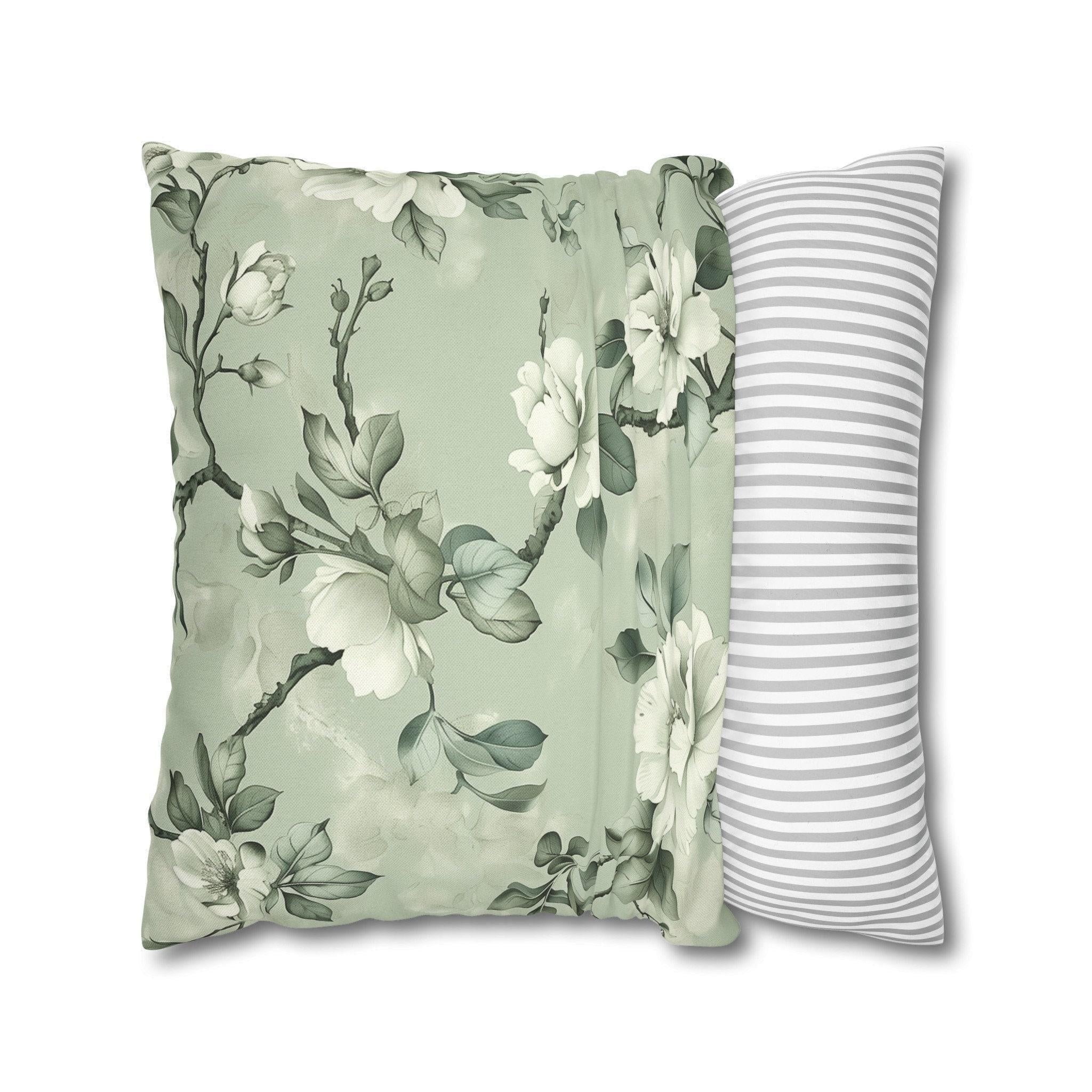 White Magnolia Pillow Cover: Soft Mint Green Floral Cushion